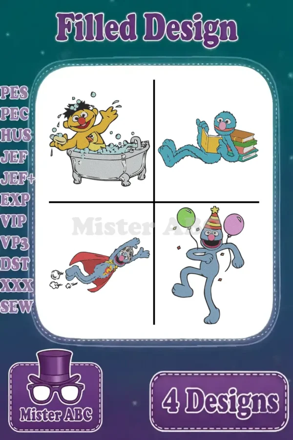 Four vibrant Sesame Street filled embroidery designs: Ernie bathing, Grover reading, Super Grover, and party Grover.