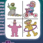 Sesame Street Muppets Oscar The Grouch In Trashcan Telly Monster Zoe On Bicycle - Filled Embroidery Design - Instant Download