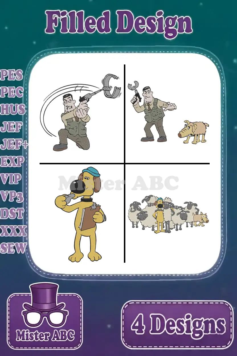 Four vibrant filled embroidery designs featuring the farmer, Bitzer the dog, and a flock of sheep.