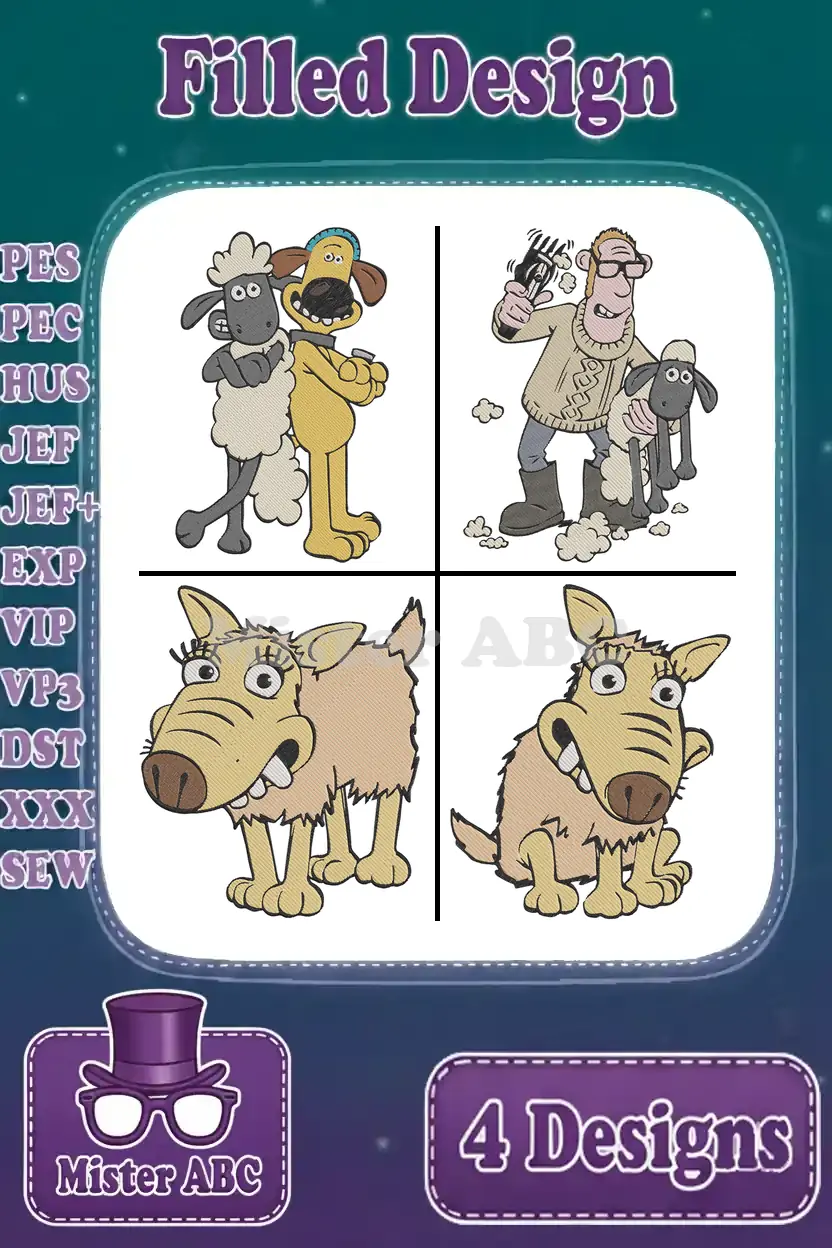 Four vibrant filled embroidery designs featuring Shaun the Sheep, Bitzer, The Farmer, and a playful Aardman dog.