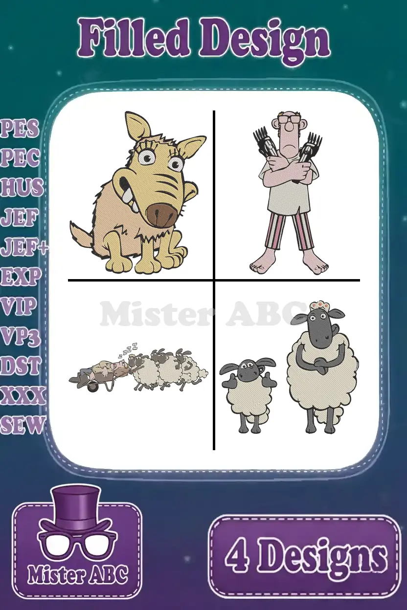 Main product image displaying four distinct filled embroidery designs: Bitzer, the Farmer, sleeping sheep, and Shaun with Timmy.