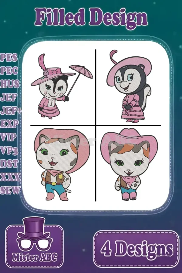 A vibrant display of four filled embroidery designs: two cute skunks and two charming cowboy cats. Includes supported file formats.