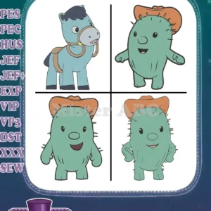 Four delightful filled embroidery designs showcasing a friendly horse and three unique cactus characters with hats.