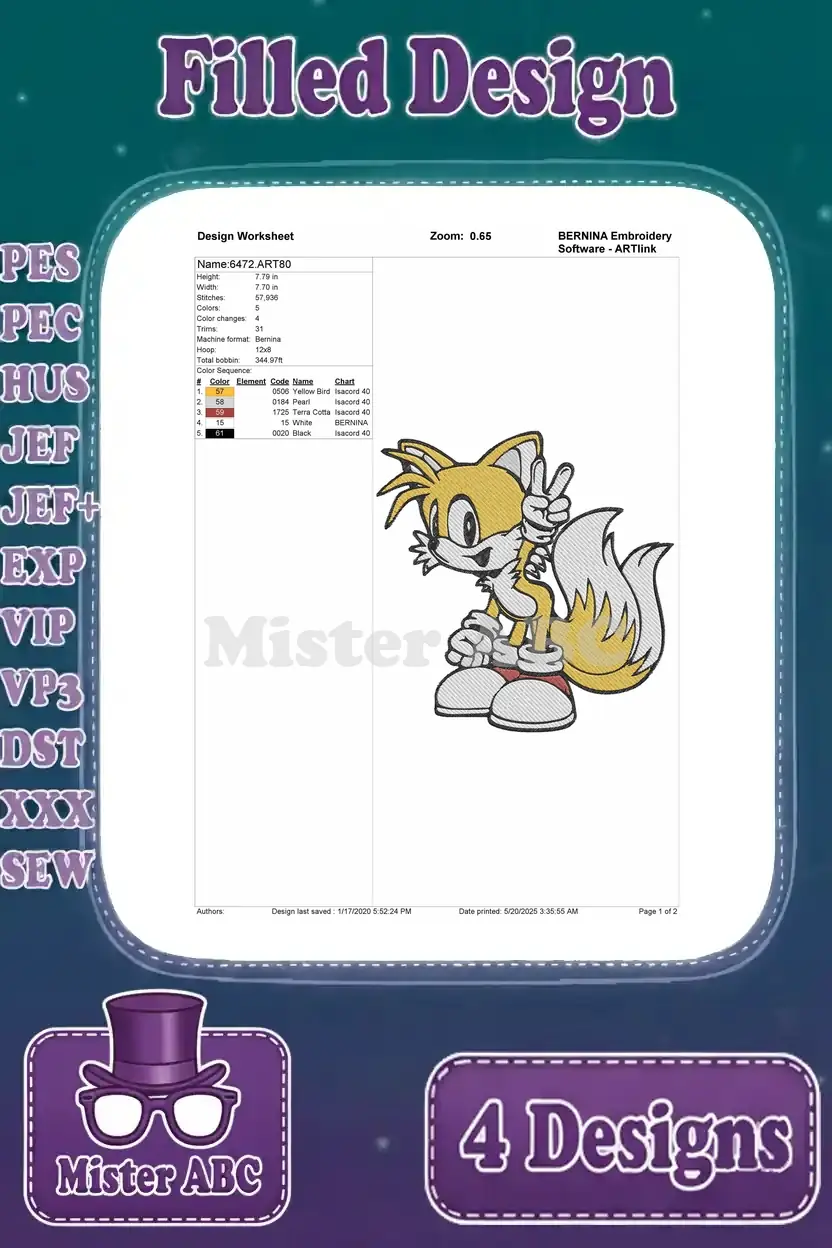 Design worksheet for the first Tails embroidery, detailing stitch count, color changes, and thread specifications.