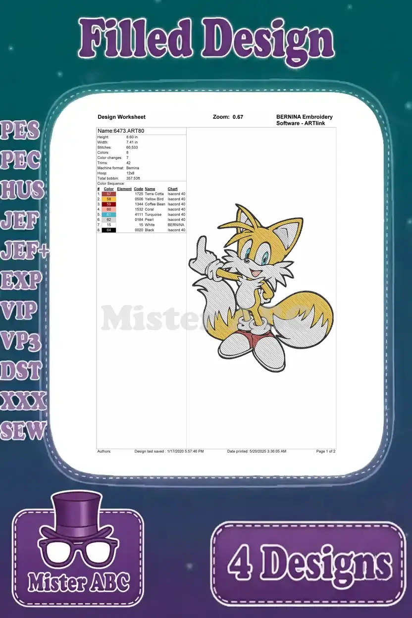 Design worksheet for the second Tails embroidery, providing comprehensive stitch and color details for crafting.