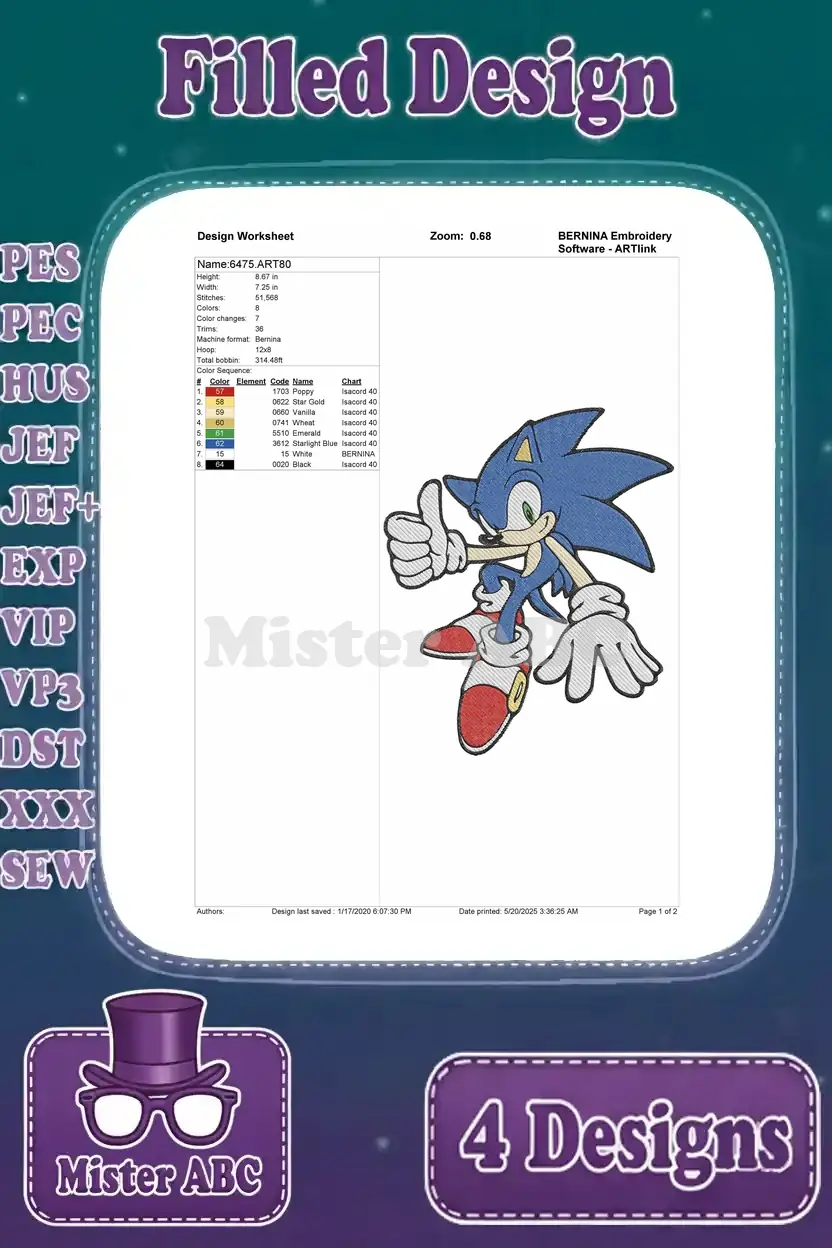 Embroidery design worksheet for Sonic with a thumbs-up, detailing stitch count, color changes, and thread sequence.