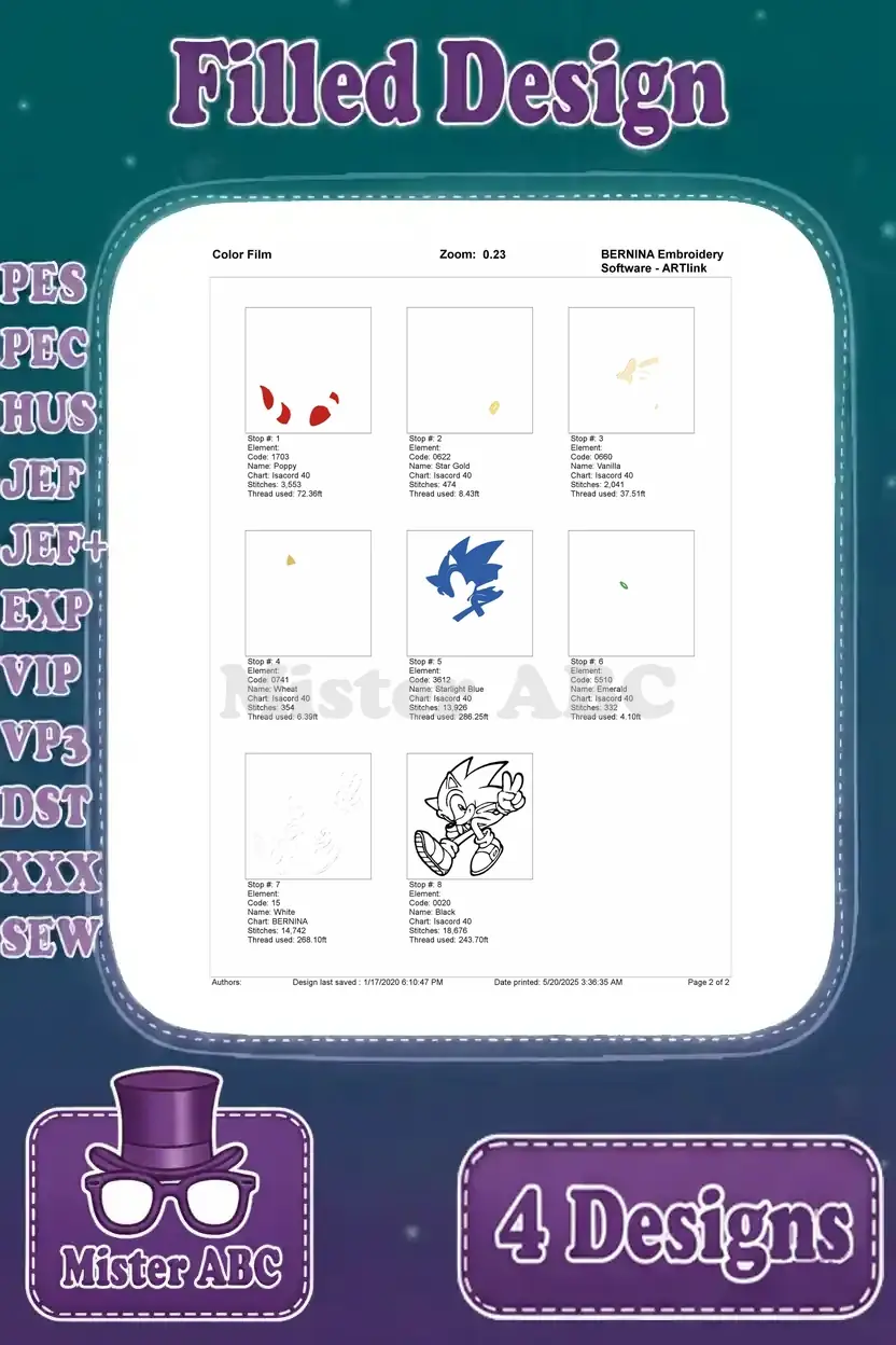 Color film breakdown for the Sonic peace sign embroidery design, showing thread stops and color progression.