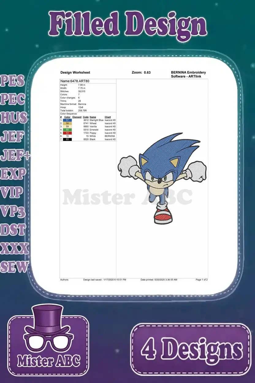 Embroidery design worksheet for running Sonic, detailing stitch count, color changes, and thread sequence.