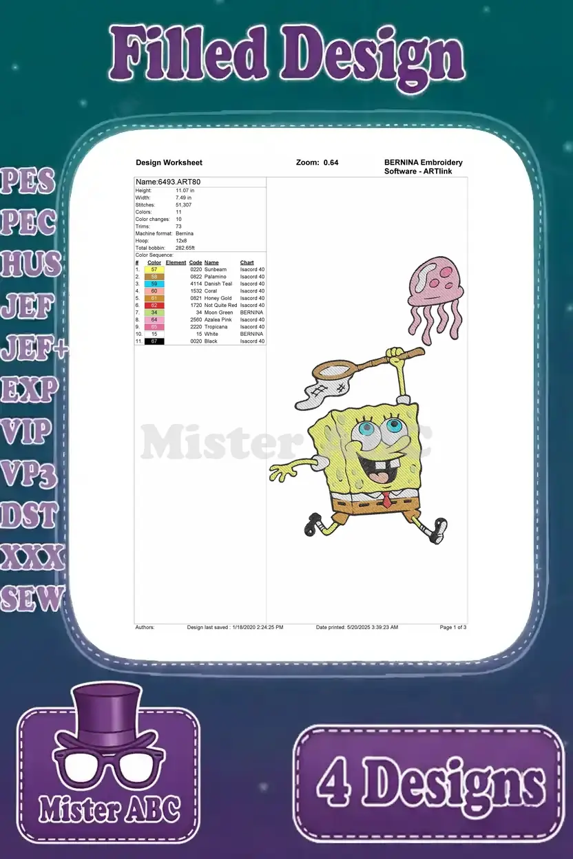 A detailed embroidery design worksheet for Spongebob with a jellyfish net, showing stitch count, color sequence, and hoop size.