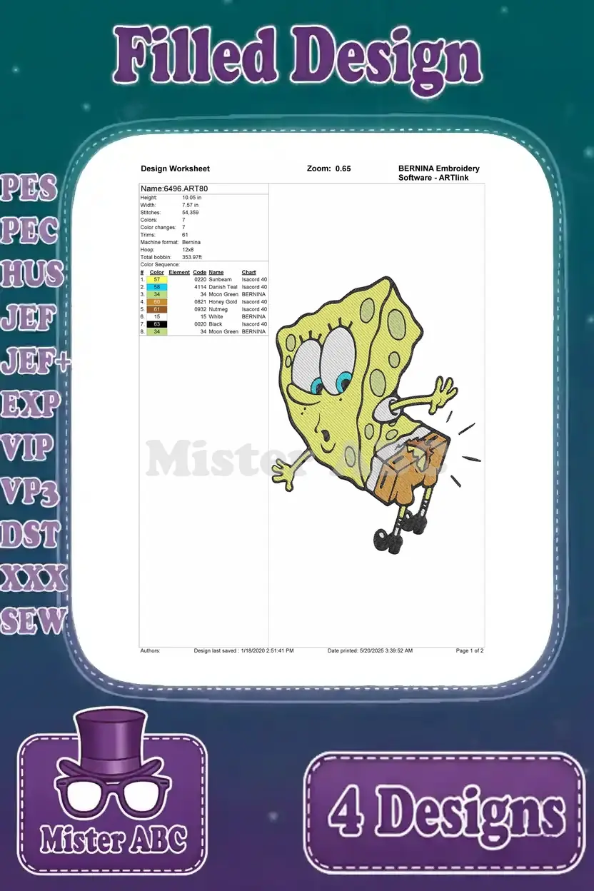 A detailed embroidery design worksheet for Spongebob falling with a box, showing stitch count, color sequence, and hoop size.