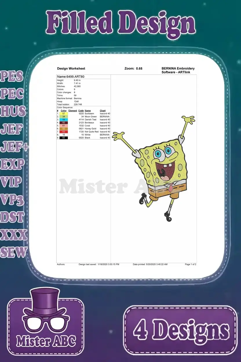 Worksheet for the third Spongebob embroidery, detailing stitch count, color changes, and size specifications.
