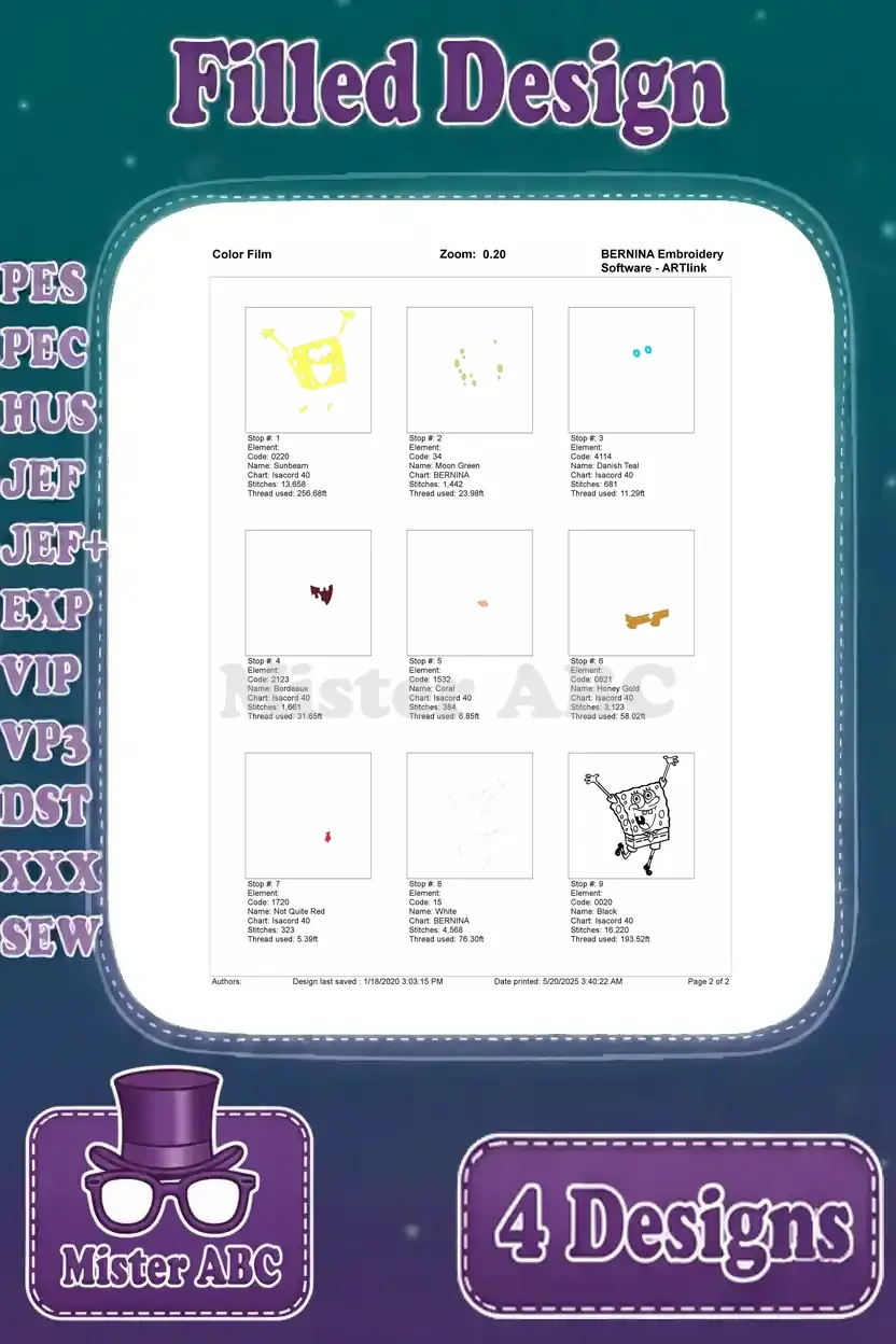 Color film for the third Spongebob embroidery design, showing the progression of colors and stitch areas.