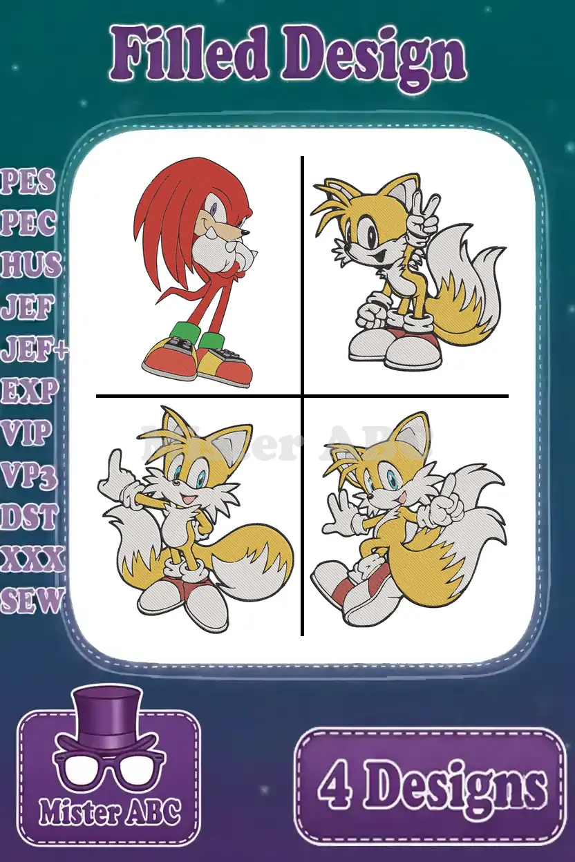 A vibrant main product image displaying Knuckles and three distinct Tails filled embroidery designs, ready for stitching.