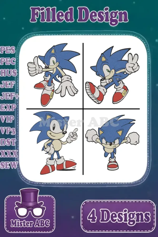 Four iconic Sonic the Hedgehog filled embroidery designs, each in a dynamic pose, displayed with supported file formats.
