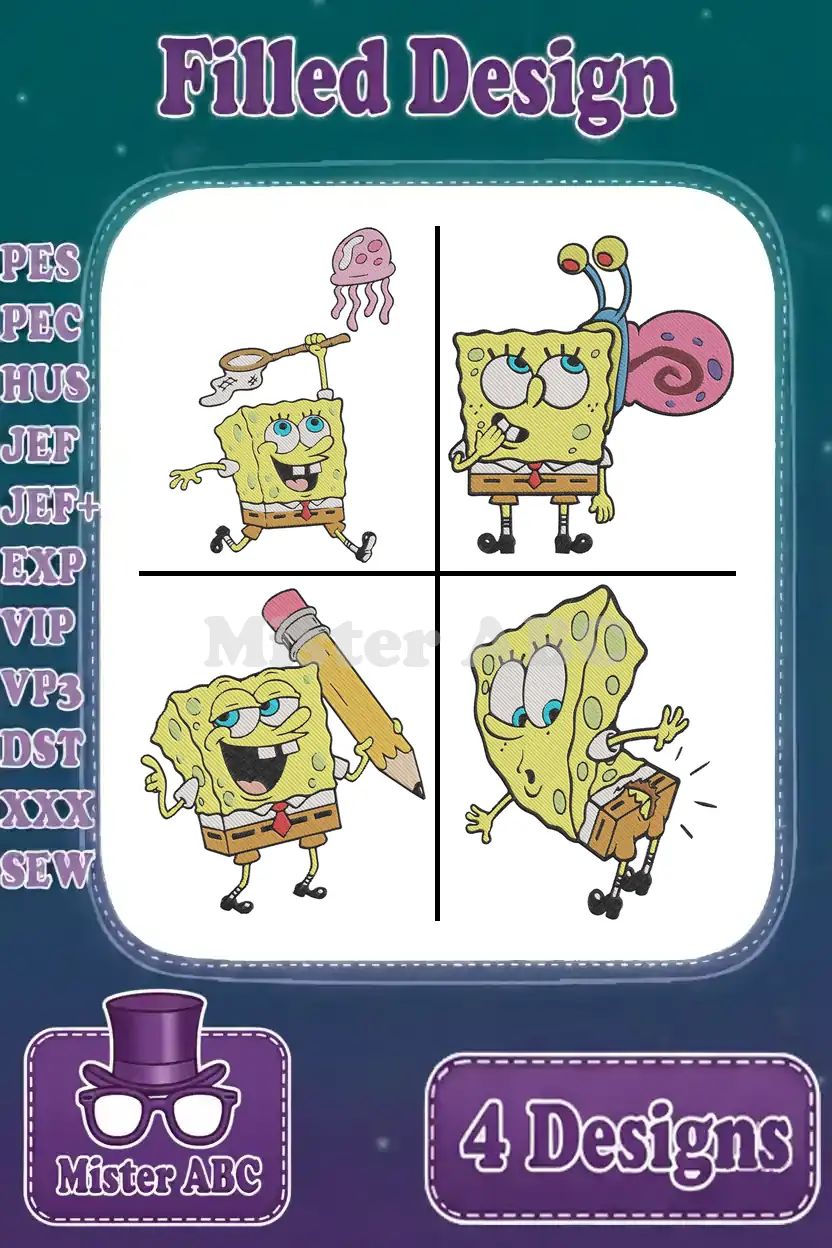 A vibrant bundle of four Spongebob Squarepants filled embroidery designs, showcasing various playful poses and supported file types.