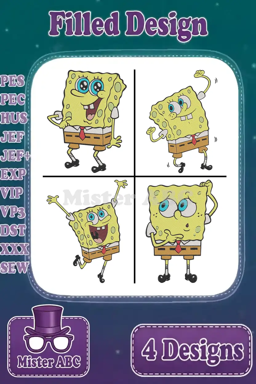 Four vibrant Spongebob Squarepants filled embroidery designs, ready for stitching on various fabric items.