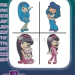 Strawberry Shortcake Universe - Blueberry Muffin Blue Haired Girl And Purple Haired Girl With Cat - Berry Sweet - Filled Embroidery Design - Instant Download