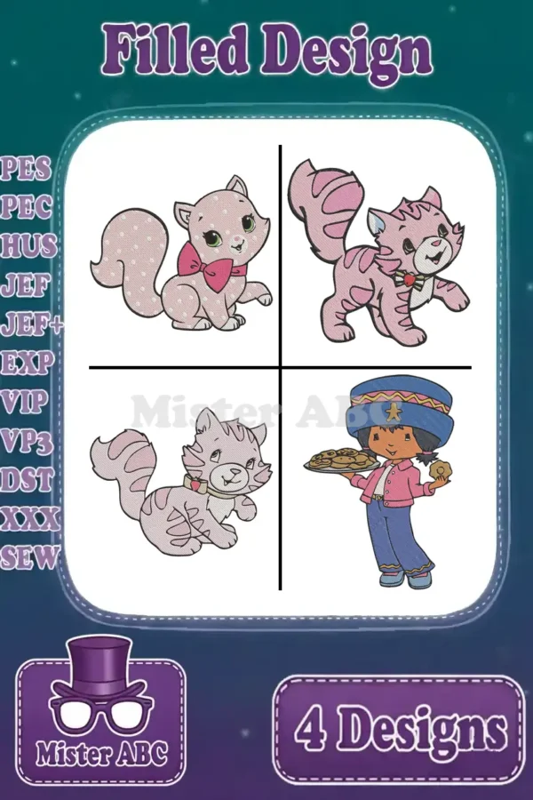 Four vibrant filled embroidery designs: a polka-dotted cat, two striped cats, and a girl with cookies.