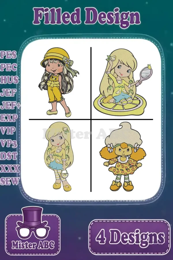 A vibrant collage of four filled stitch Lemon Meringue embroidery designs, showcasing different poses and outfits.