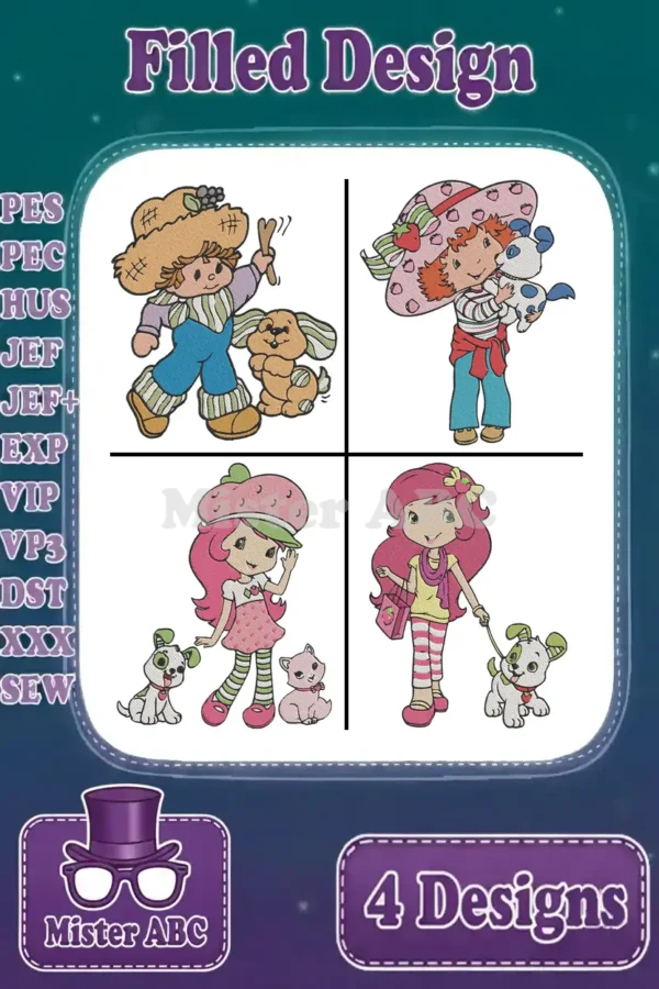 Four vibrant filled embroidery designs featuring classic and modern Strawberry Shortcake characters with Huckleberry Pie.
