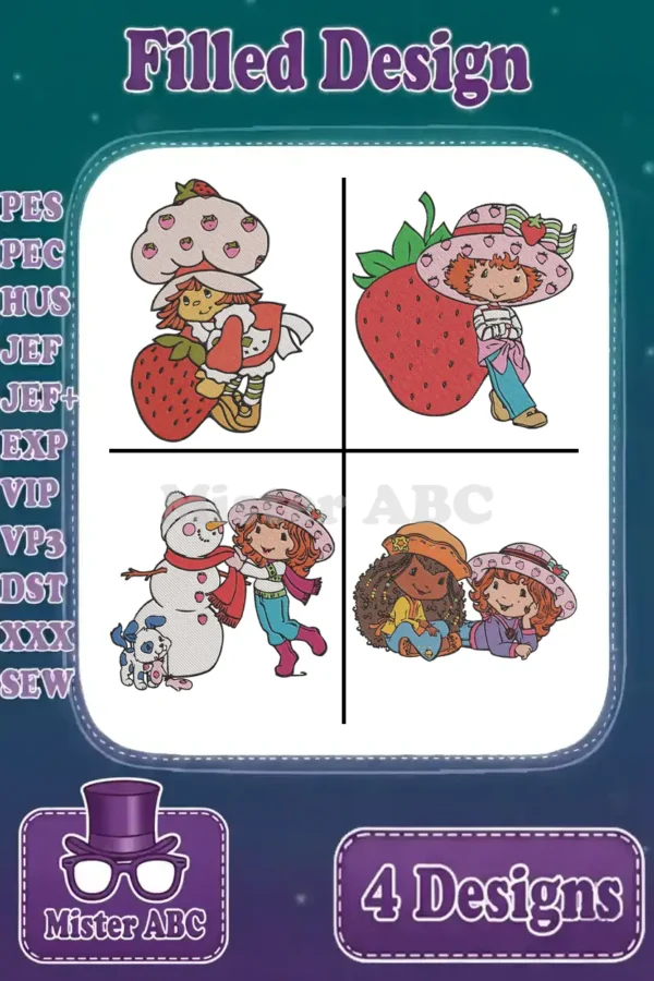 Main product image showing a bundle of four filled embroidery designs featuring Strawberry Shortcake and her friends.