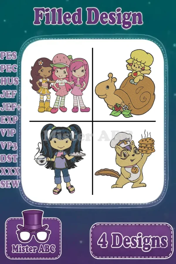 A vibrant main image displaying four distinct filled embroidery designs: Strawberry Shortcake, a Berrykin, a girl, and a squirrel.