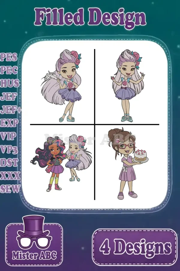 Four vibrant filled embroidery designs of Sunny Day characters: Sunny, Rox, and Blair, showcasing various poses.