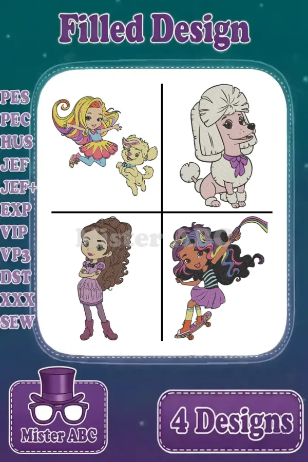 A vibrant embroidery bundle displaying four filled designs: Sunny, Rox, Blair, and a cute poodle. Includes various format options.