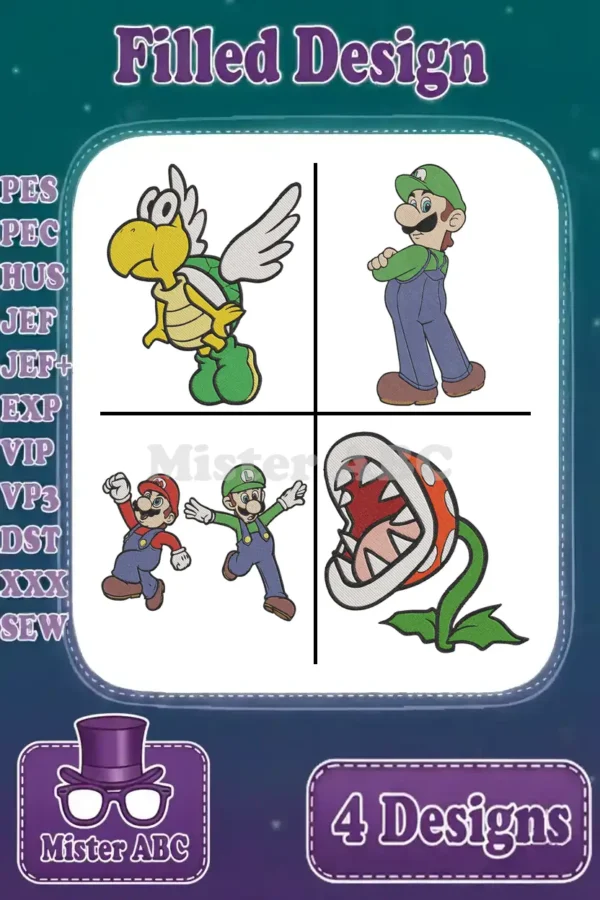 A vibrant embroidery bundle displaying four filled designs: Koopa Paratroopa, Luigi, Mario & Luigi, and Piranha Plant.
