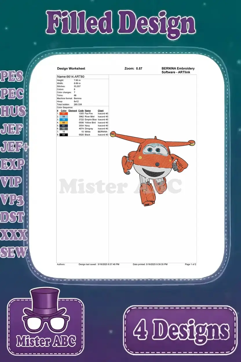 Design worksheet for the red jet Super Wings character, Jett, detailing stitch count, dimensions, and color sequence.