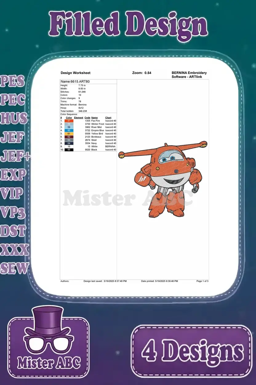 Design worksheet for the second pose of Jett, the red jet Super Wings character, with detailed stitch information.