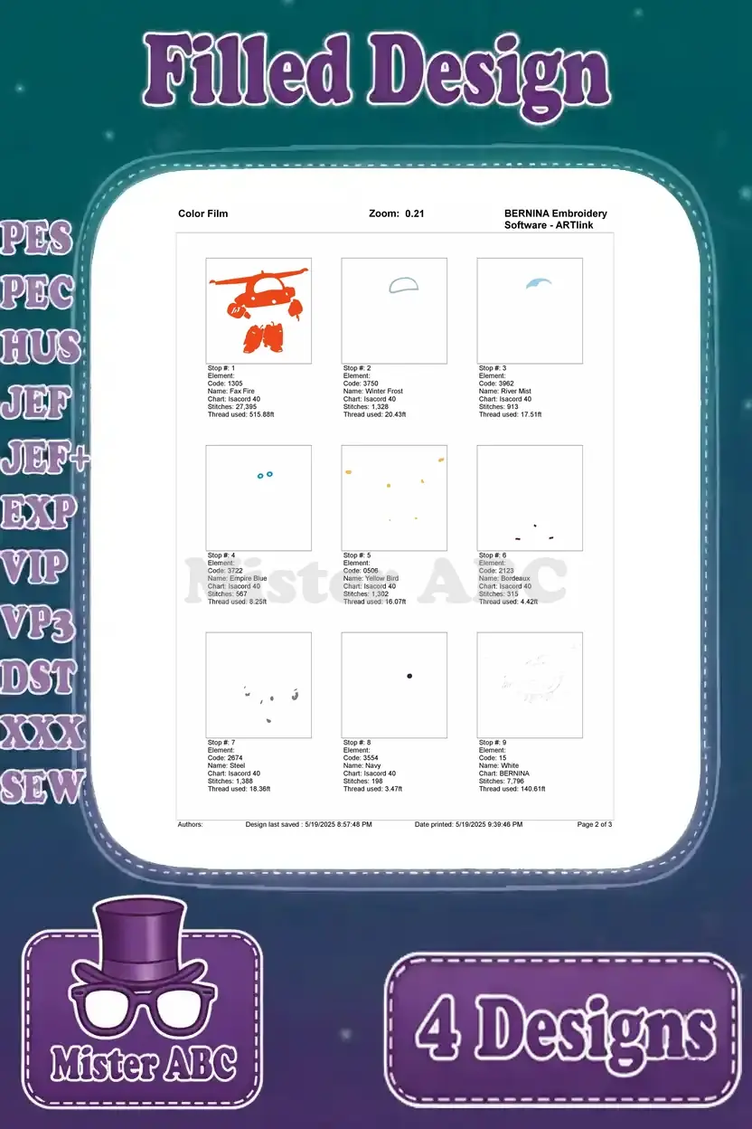 First page of the color film for Jett's second pose, showing initial thread applications and color stops.