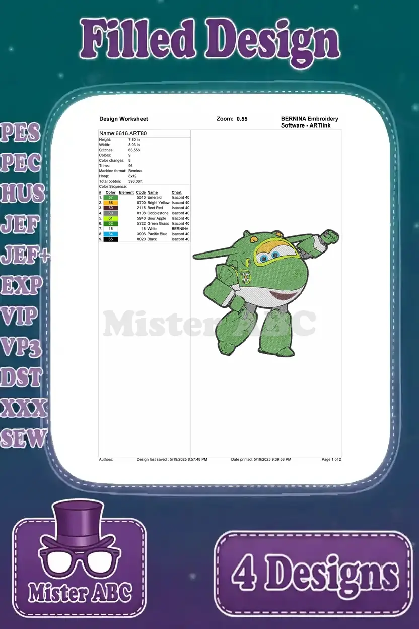 Design worksheet for the green jet Super Wings character, Dizzy, detailing stitches, size, and color sequence.