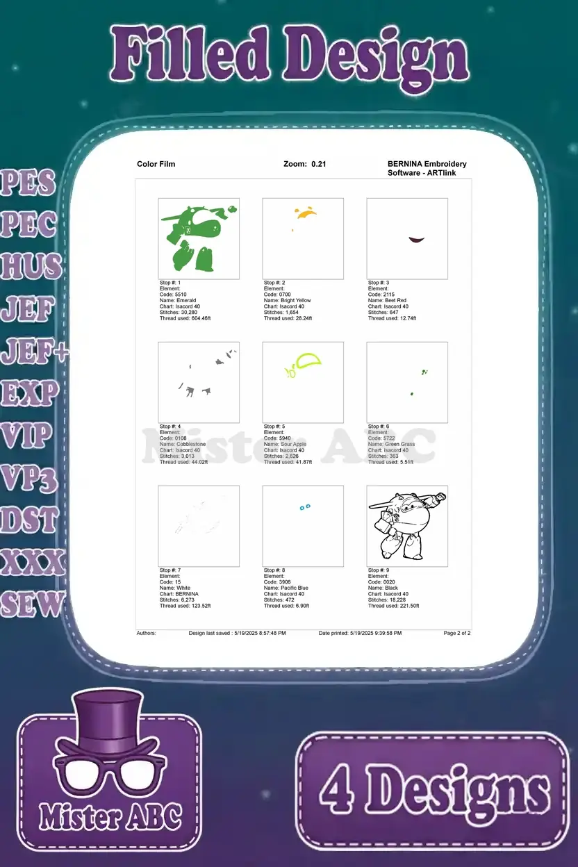 Color film for Dizzy (green jet) Super Wings embroidery, showing the step-by-step application of each color.