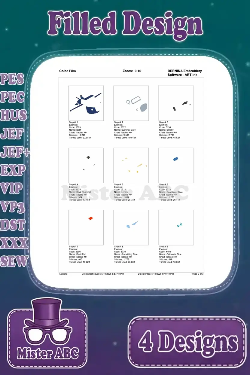 First page of the color film for Super Wings Dizzy embroidery, detailing initial stitch stops and thread usage.