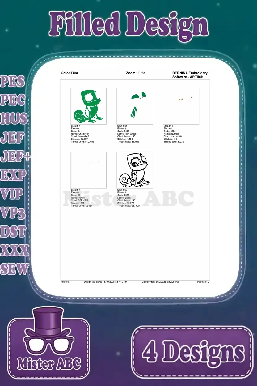 The color film sequence for the Pascal filled embroidery design, illustrating the detailed stitching order.