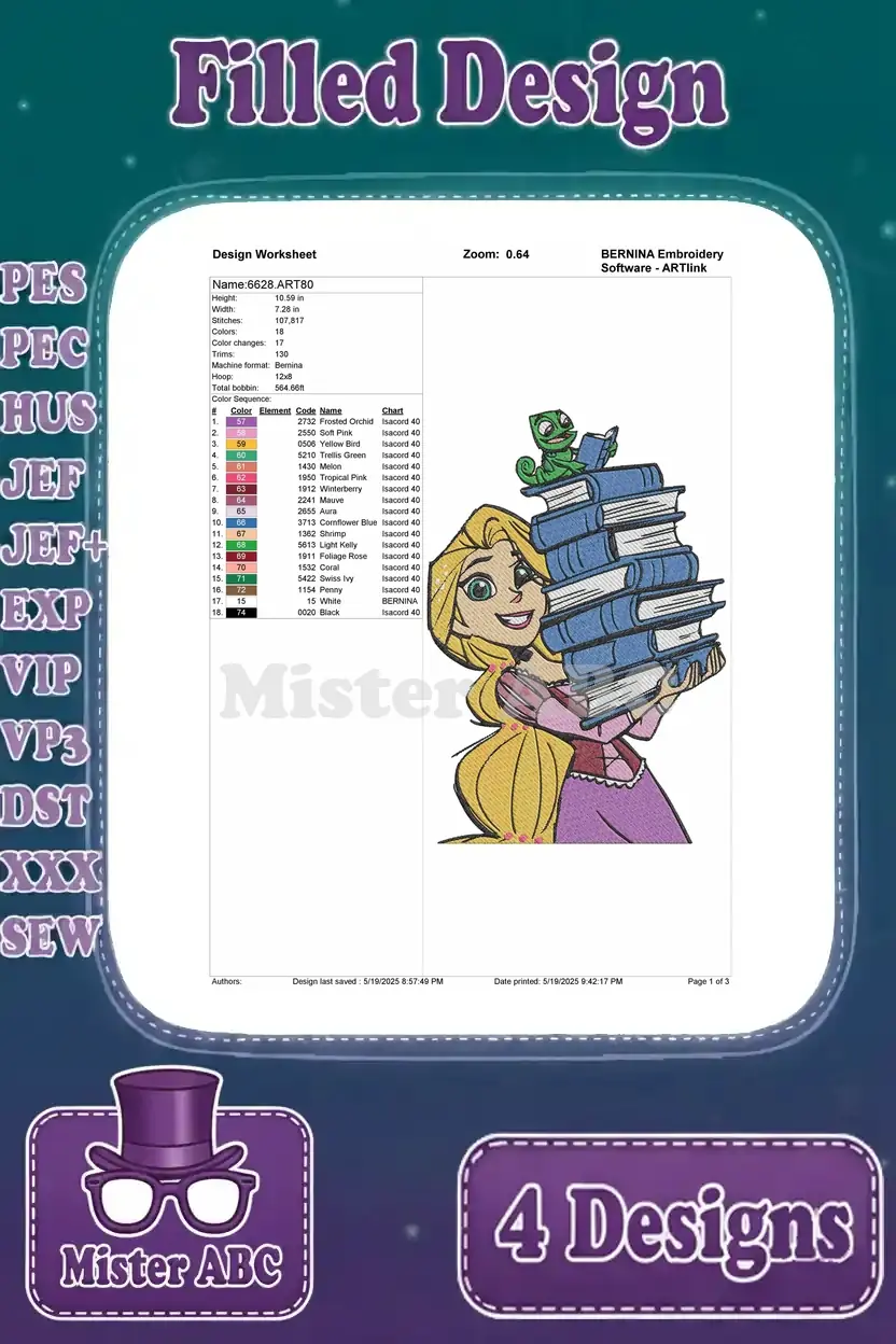 A detailed design worksheet for Rapunzel holding books, showcasing stitch parameters and color palette.