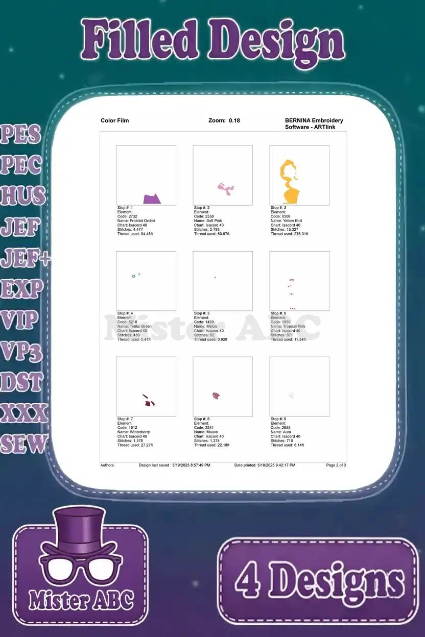 Page 1 of the color film for Rapunzel holding books, showing initial thread changes and stitching layers.