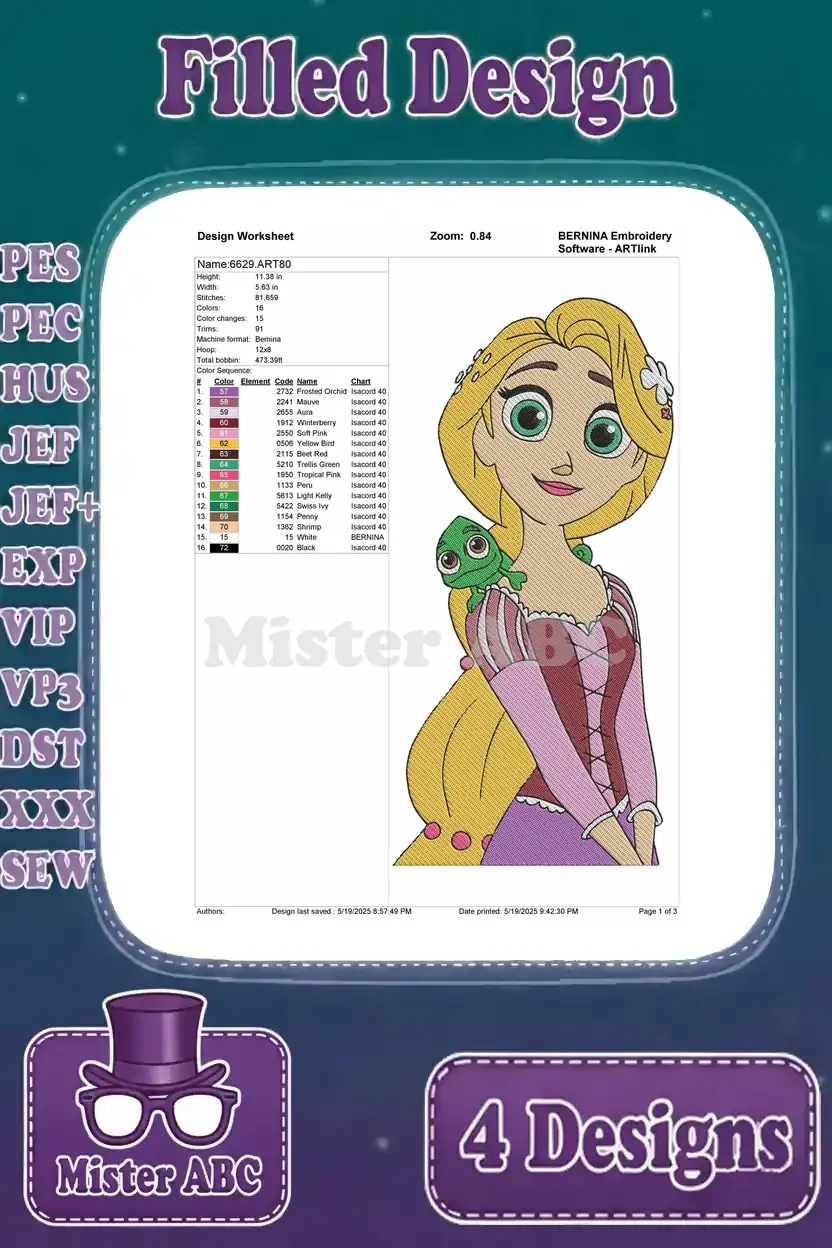A detailed design worksheet for Rapunzel with Pascal on her shoulder, providing stitch count and color data.