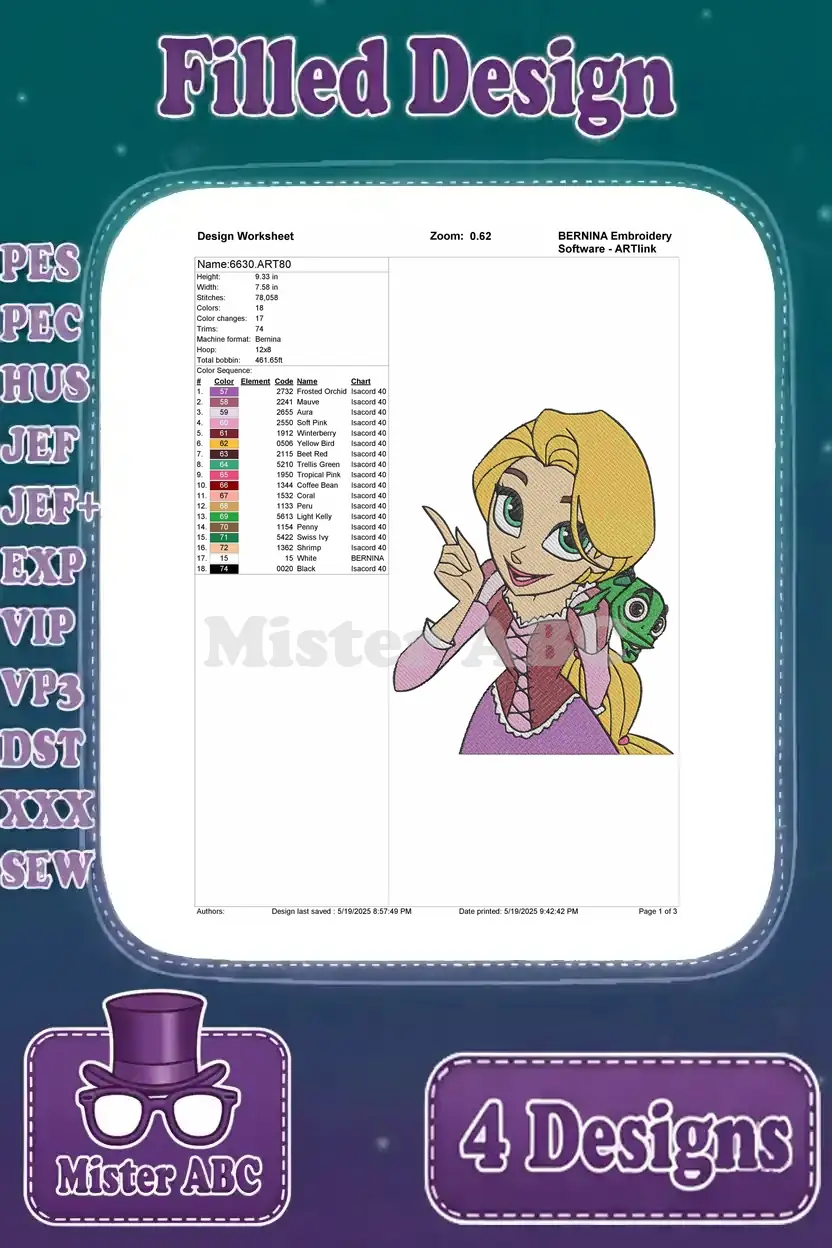 A detailed design worksheet for Rapunzel pointing with Pascal, outlining stitch count and color information.