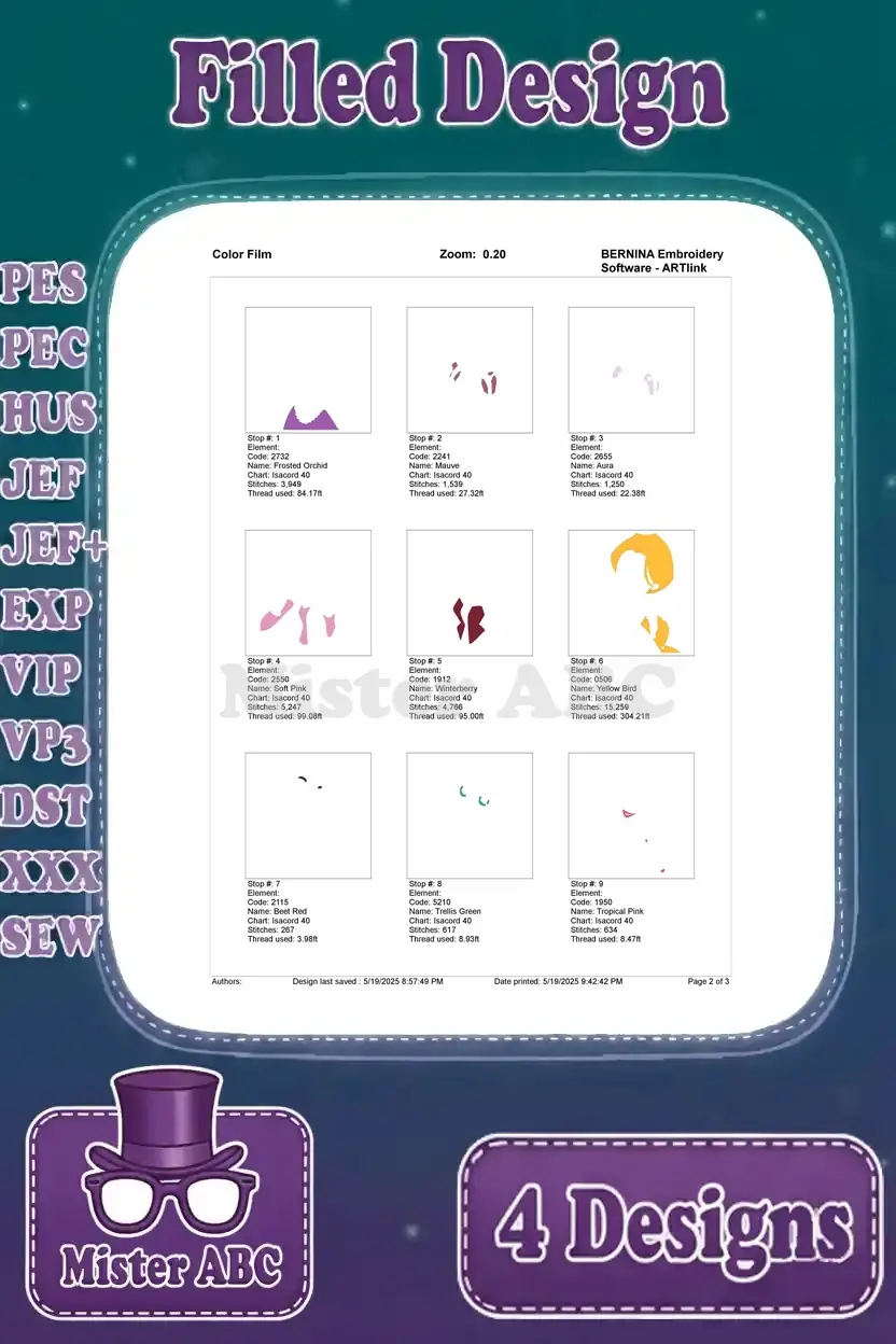 Page 1 of the color film for Rapunzel pointing with Pascal, showing the initial stitching steps.