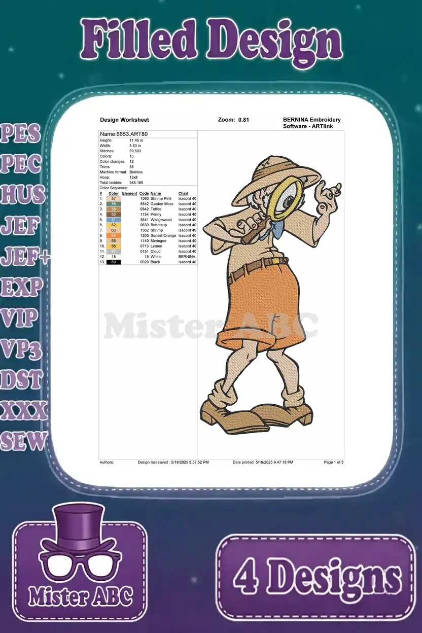 A detailed design worksheet for the Professor Porter embroidery, showing stitch count, color changes, and dimensions.