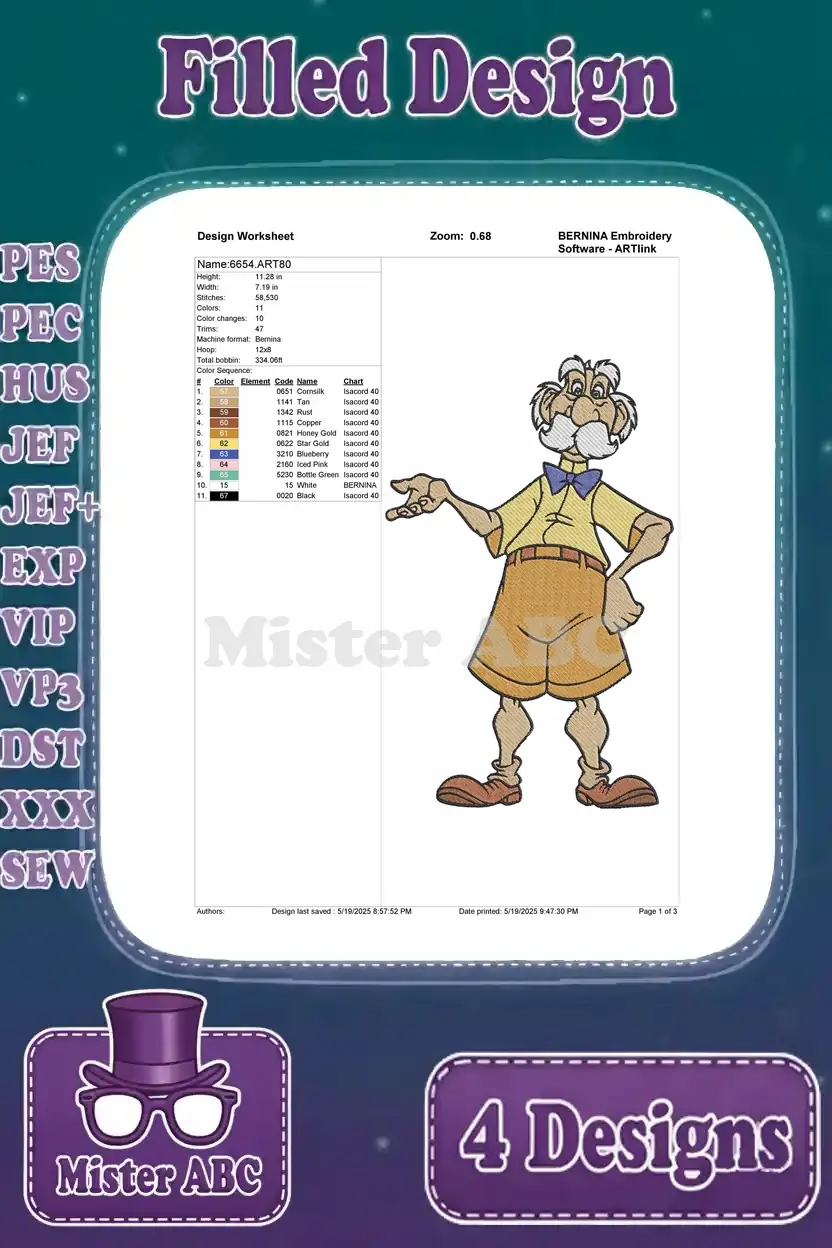 A comprehensive design worksheet for the Archimedes Q. Porter embroidery, detailing stitch count, colors, and size.