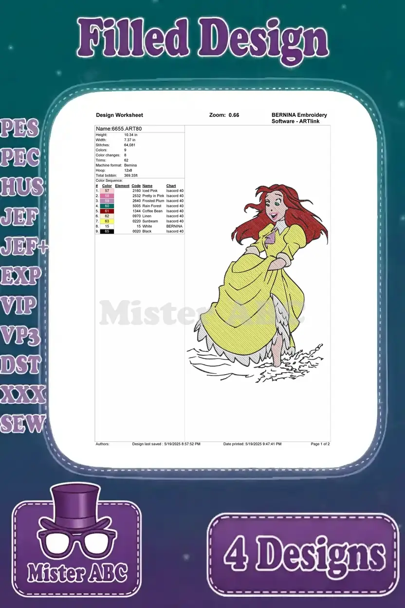 A detailed design worksheet for Jane Porter (wet dress) embroidery, showing stitch count, color changes, and size.