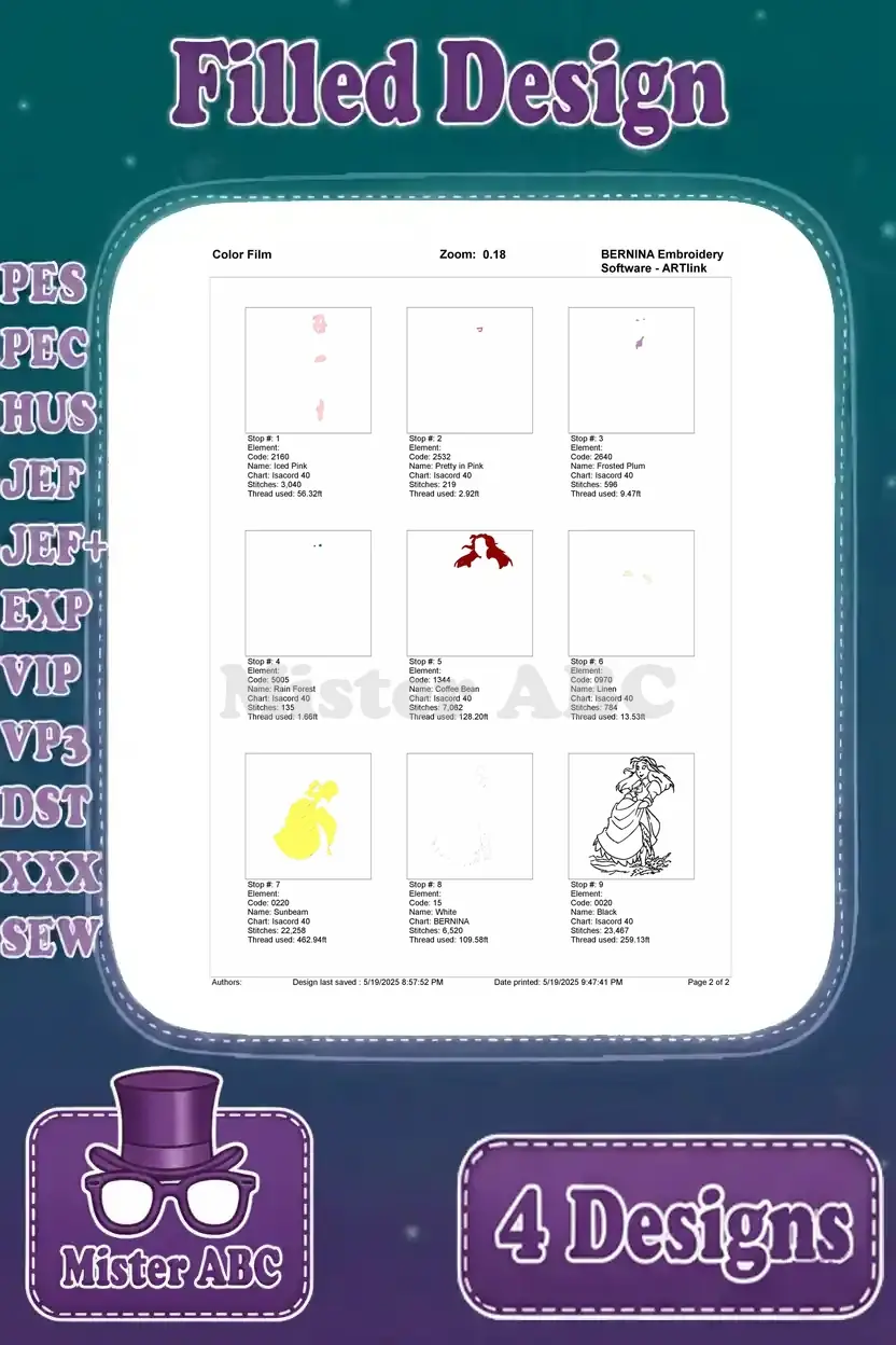 A comprehensive color film for the Jane Porter (wet dress) embroidery, detailing all thread stops and stitching sequence.