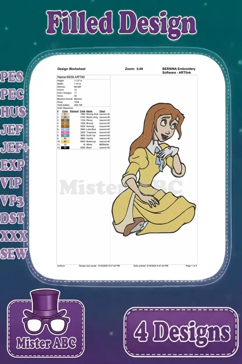 A detailed design worksheet for Jane Porter (seated) embroidery, showing stitch count, color changes, and dimensions.
