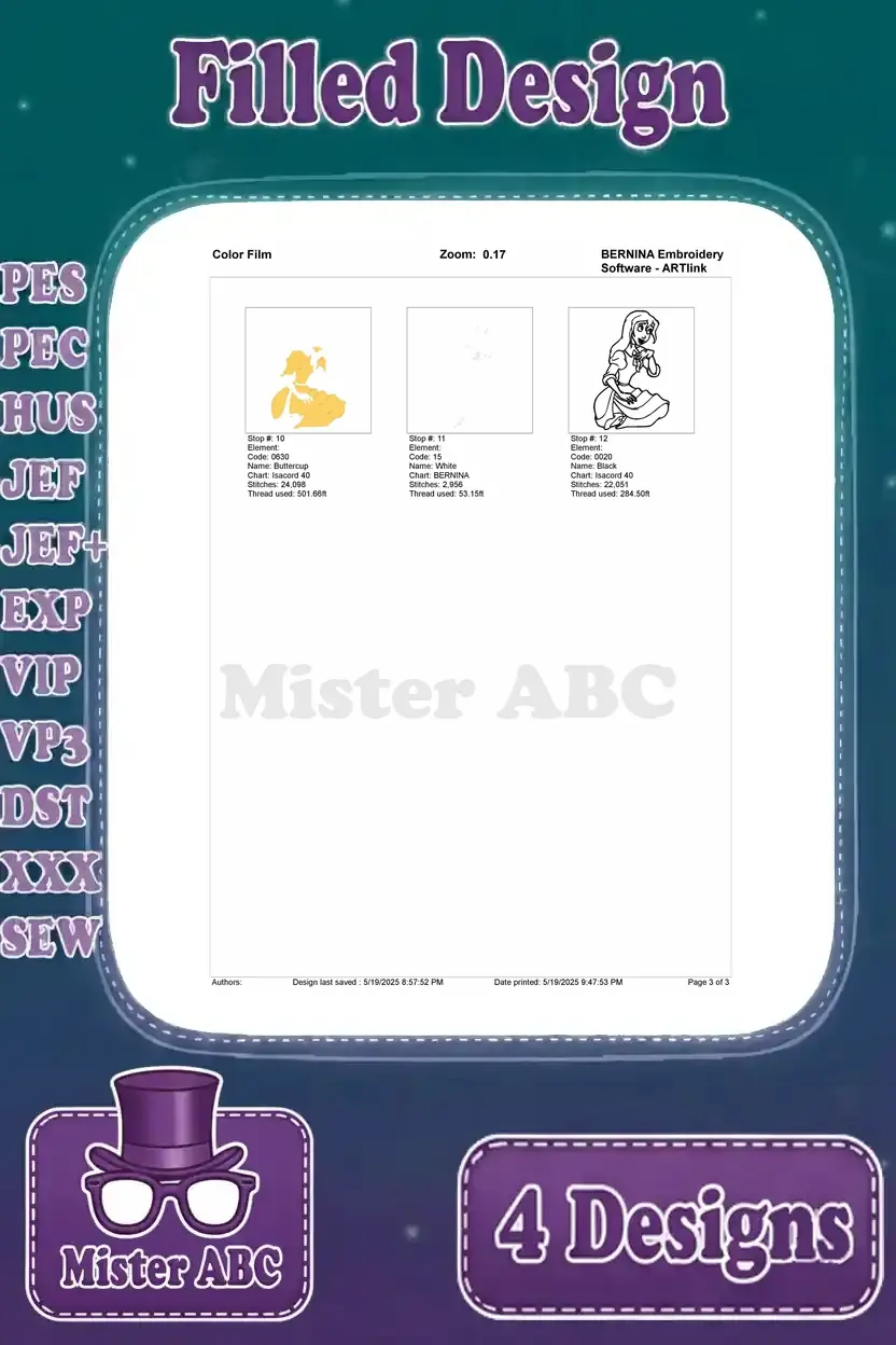 The second page of the color film for Jane Porter (seated) embroidery, showing the remaining stitching steps and colors.