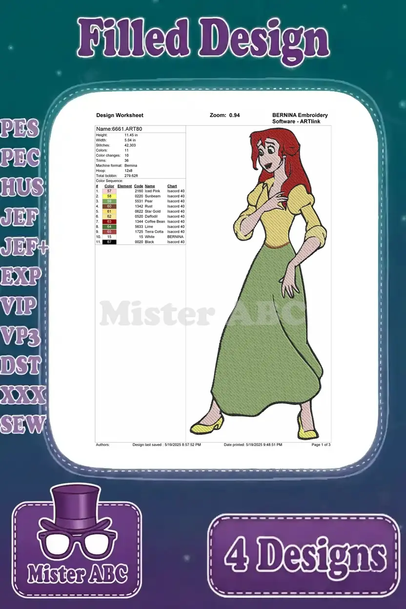 Embroidery design worksheet for a full-body Jane Porter, detailing stitch count, colors, and dimensions.