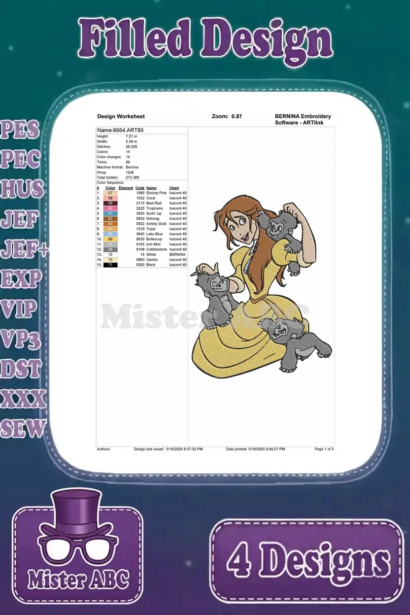 Embroidery design worksheet for Jane Porter sitting with koalas, detailing stitches and colors.