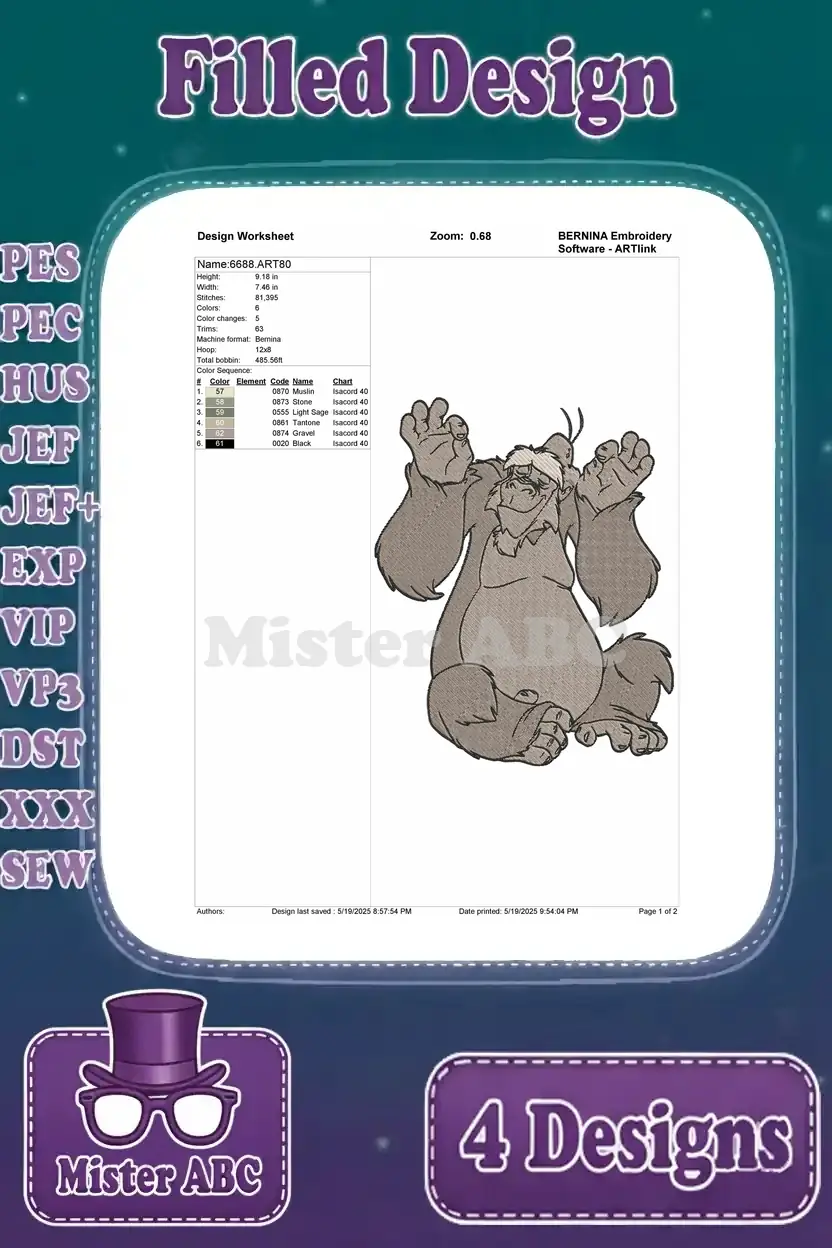 Detailed design worksheet for the Baloo filled embroidery, showing stitch count, color changes, and design dimensions.